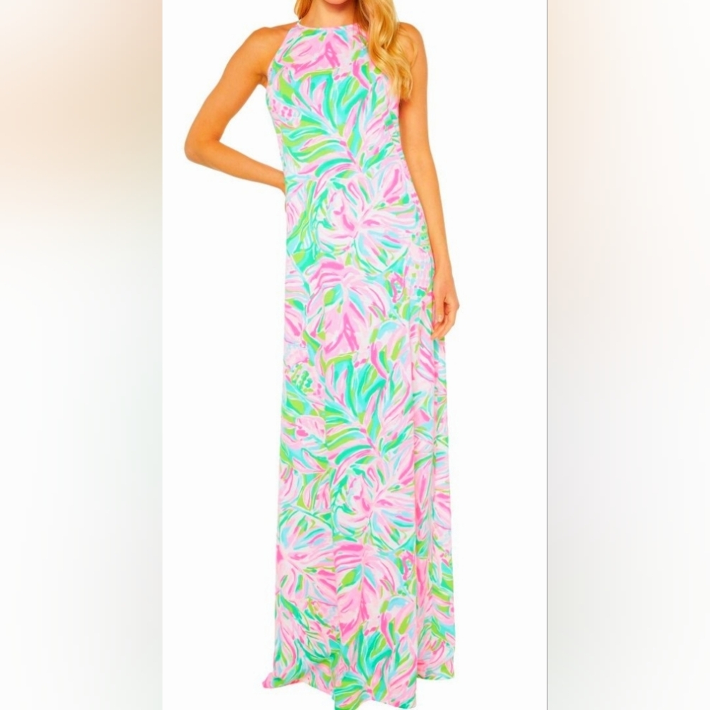 Lilly Pulitzer Pink & Green Tropical Print Maxi Dress